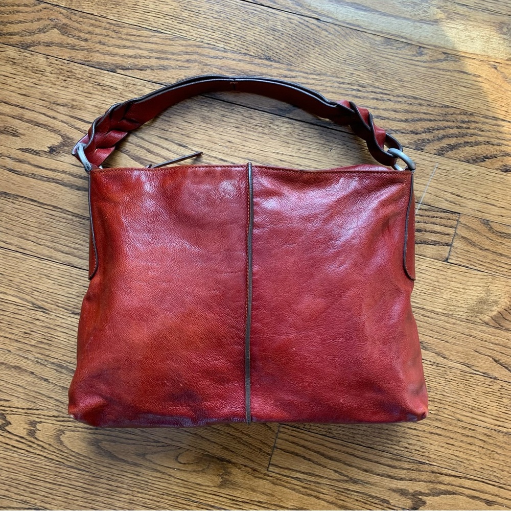 Hogan Italy Waxed Leather Center Seam Shoulder Bag Handbag Rust Red